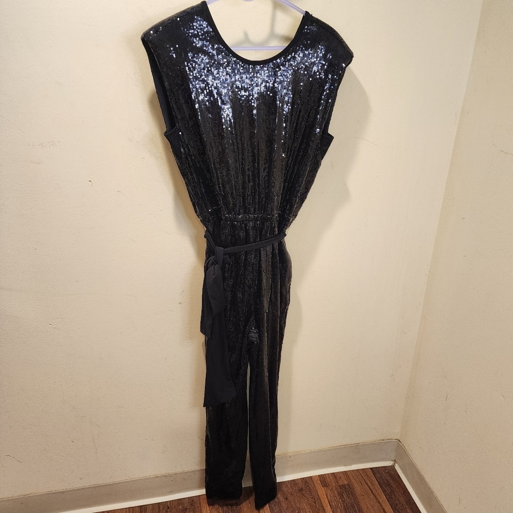 Calvin Klein Black Sequin Jumpsuit with Belt Size 8 - Picture 3 of 16